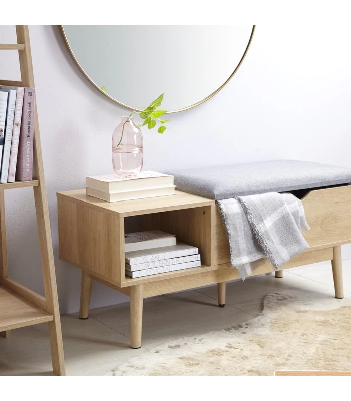 Banc Entrée 1 Tiroir Et 1 Casier En Bois Et Assise Polyester Gris 100x40x45cm 4 Banc Entrée 1 Tiroir Et 1 Casier En Bois Et Assise Polyester Gris 100x40x45cm – Image 2