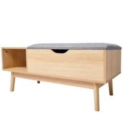 Banc Entrée 1 Tiroir Et 1 Casier En Bois Et Assise Polyester Gris 100x40x45cm
