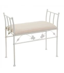 Banquette En Métal Blanc Et Assise Rembourrée Coton Beige - 68x30x64cm