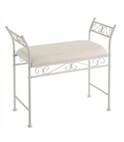 Banquette En Métal Blanc Et Assise Rembourrée Coton Beige - 73x30x65.5cm