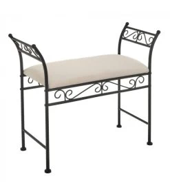 Banquette En Métal Noir Et Assise Rembourrée Coton Beige - 74x30x63cm