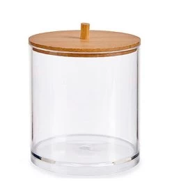 Boîte à Coton-tiges Ronde Transparent Et Bambou 10x10x11cm