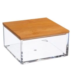 Boîte Salle De Bain Carrée Transparent Et Bambou - 9.6x9.6x5.1cm