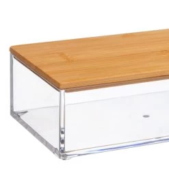 Boîte Salle De Bain Rectangulaire Transparent Et Bambou - 16x9.6x5.1cm -Produits Menagers Boutique boite salle de bain rectangulaire transparent et bambou 16x96x51cm 2