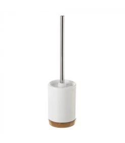 Brosse WC Ronde Céramique Blanche Et Bambou 10x10x38.5cm
