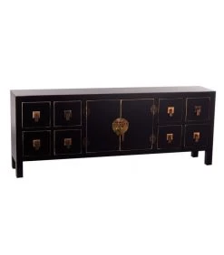 Buffet Chinoiserie En Bois Noir Et Doré 1 Porte Et 8 Tiroirs