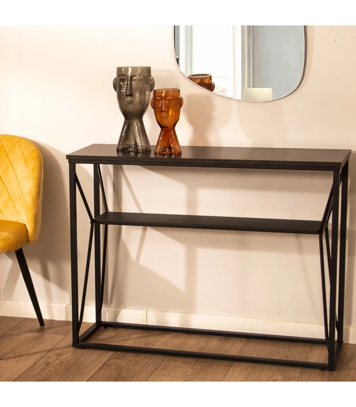 Console En Métal Et Bois Noir 2 Plateaux 100x30x75cm 4 Console En Métal Et Bois Noir 2 Plateaux 100x30x75cm – Image 2