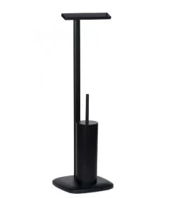 Dérouleur Papier Toilette Sur Pied + Brosse WC En Métal Noir Mat