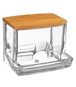 Distributeur Coton-tiges Transparent Et Bambou - 9.3x8x7.4cm