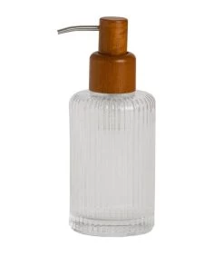 Distributeur De Savon En Verre Strié Et Acacia 7x7x18cm