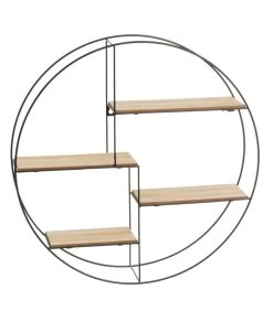Étagère Murale Ronde En Métal Noir Et Bois 4 Tablettes 50x50x10cm