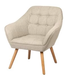 Fauteuil En Tissu Beige Effet Lin Et Pieds Bois 74x70x85cm