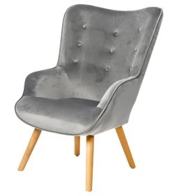 Fauteuil Velours Gris Et Pieds Bois - 72x65x99cm