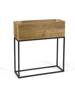 Jardinière Sur Pied En Métal Noir Et Bois Recyclé - 55x21x60.5cm