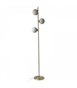 Lampadaire Rétro En Métal Doré + 3 Globes En Verre Blanc