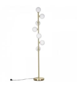Lampadaire Rétro En Métal Doré + 7 Globes En Verre Blanc