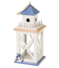 Lanterne En Bois Bleu Et Blanc Bord De Mer - 13x13x30cm
