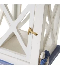 Lanterne En Bois Bleu Et Blanc Bord De Mer - 13x13x30cm -Produits Menagers Boutique lanterne en bois bleu et blanc bord de mer 13x13x30cm 3