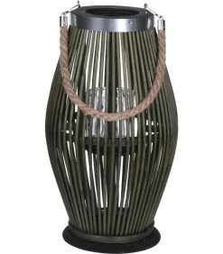 Lanterne En Osier Vert Et Bougeoir En Verre