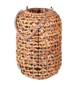 Lanterne En Rotin Et Bougeoir En Verre 24x24x36cm