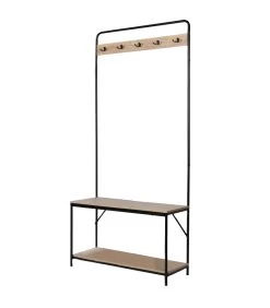 Meuble D'entrée Banc + Portemanteau Bois Et Métal Noir 80x30x170cm