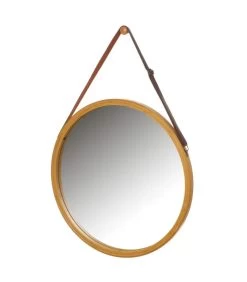 Miroir Suspendu Rond Bambou Lanière Similicuir Marron 38cm