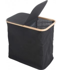 Panier à Linge Double Compartiment Tissu Noir Et Bambou