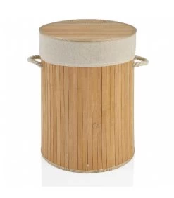 Panier à Linge Rond Bambou Poignées Corde Intérieur Amovible Beige