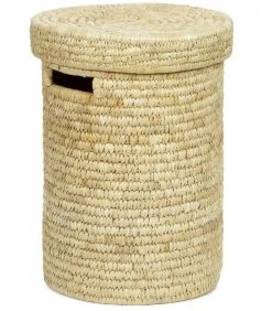 Panier à Linge Rond En Feuilles De Palmier Tressées Avec Couvercle