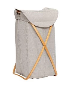 Panier à Linge Tissu Gris Et Structure En Bambou