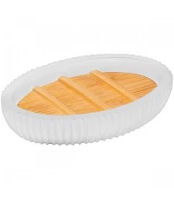 Porte Savon Polyrésine Blanc Et Bambou 12.5x9x2.5cm