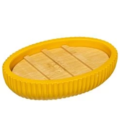Porte Savon Polyrésine Jaune Et Bambou - 12.5x9x2.5cm