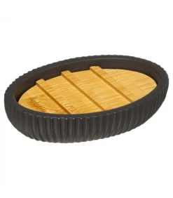 Porte Savon Polyrésine Noir Et Bambou - 12.5x9x2.5cm