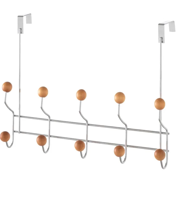 Portemanteau De Porte 10 Crochets En Métal Chromé Et Bois 40x10x30cm 3 Portemanteau De Porte 10 Crochets En Métal Chromé Et Bois 40x10x30cm
