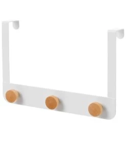 Portemanteau De Porte 3 Crochets En Métal Blanc Et Bois 30x8x20cm