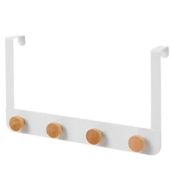 Portemanteau De Porte 4 Crochets En Métal Blanc Et Bois 35x8x20cm