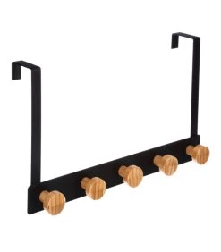 Portemanteau De Porte En Métal Noir Et Bambou - 33.3x8.2x20cm