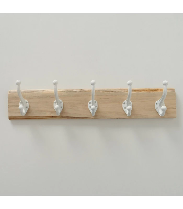 Portemanteau Mural à 5 Accroches En Bois De Chêne Et Métal Blanc 5 Portemanteau Mural à 5 Accroches En Bois De Chêne Et Métal Blanc – Image 3