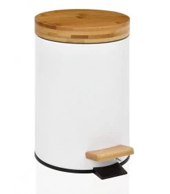 Poubelle De Salle De Bain En Métal Blanc Couvercle Bambou - 3L