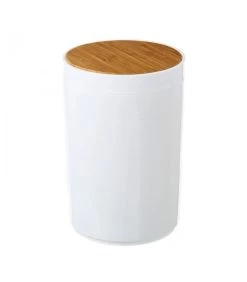 Poubelle De Salle De Bain En Plastique Blanc Et Bambou - 5L