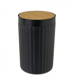 Poubelle De Salle De Bain En Plastique Noir Et Bambou - 5L