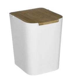 Poubelle Salle De Bain Blanche Couvercle Bambou - 5L