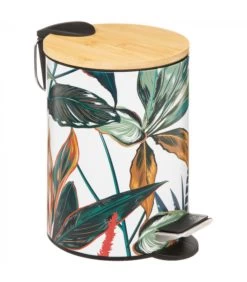 Poubelle Salle De Bain Métal Couvercle Bambou Feuillage Exotique - 3L