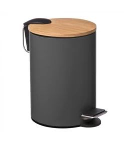 Poubelle Salle De Bain Métal Gris Couvercle Bambou - 3L