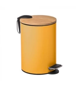Poubelle Salle De Bain Métal Jaune Couvercle Bambou - 3L