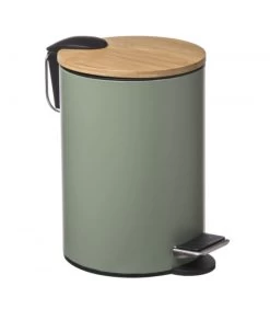 Poubelle Salle De Bain Métal Vert Kaki Couvercle Bambou - 3L