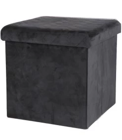 Pouf Coffre De Rangement Velours Noir - 37.5x37.5x37.5cm