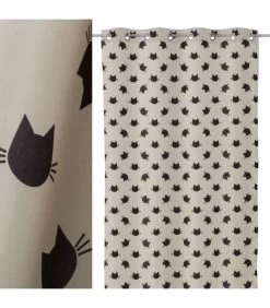 Rideau à Œillets Beige Et Noir Motifs Chats Chambre Enfant - Longueur 260cm