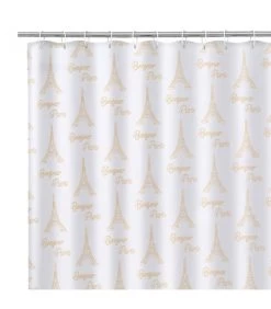Rideau De Douche Tissu Blanc Et Doré Bonjour Paris