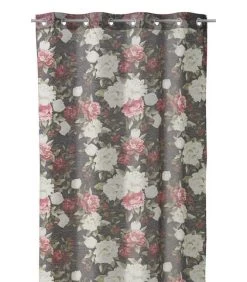Rideau Voilage à Œillets Fleurs Gris/Blanc/Rose - Longueur 260cm